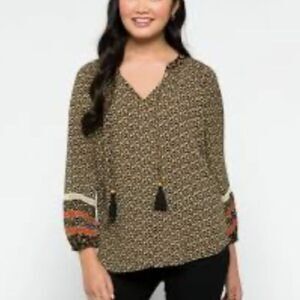 Mason & Belle Cathia Black Ditzy Floral Peasant Blouse Tassel Neck Ties Small